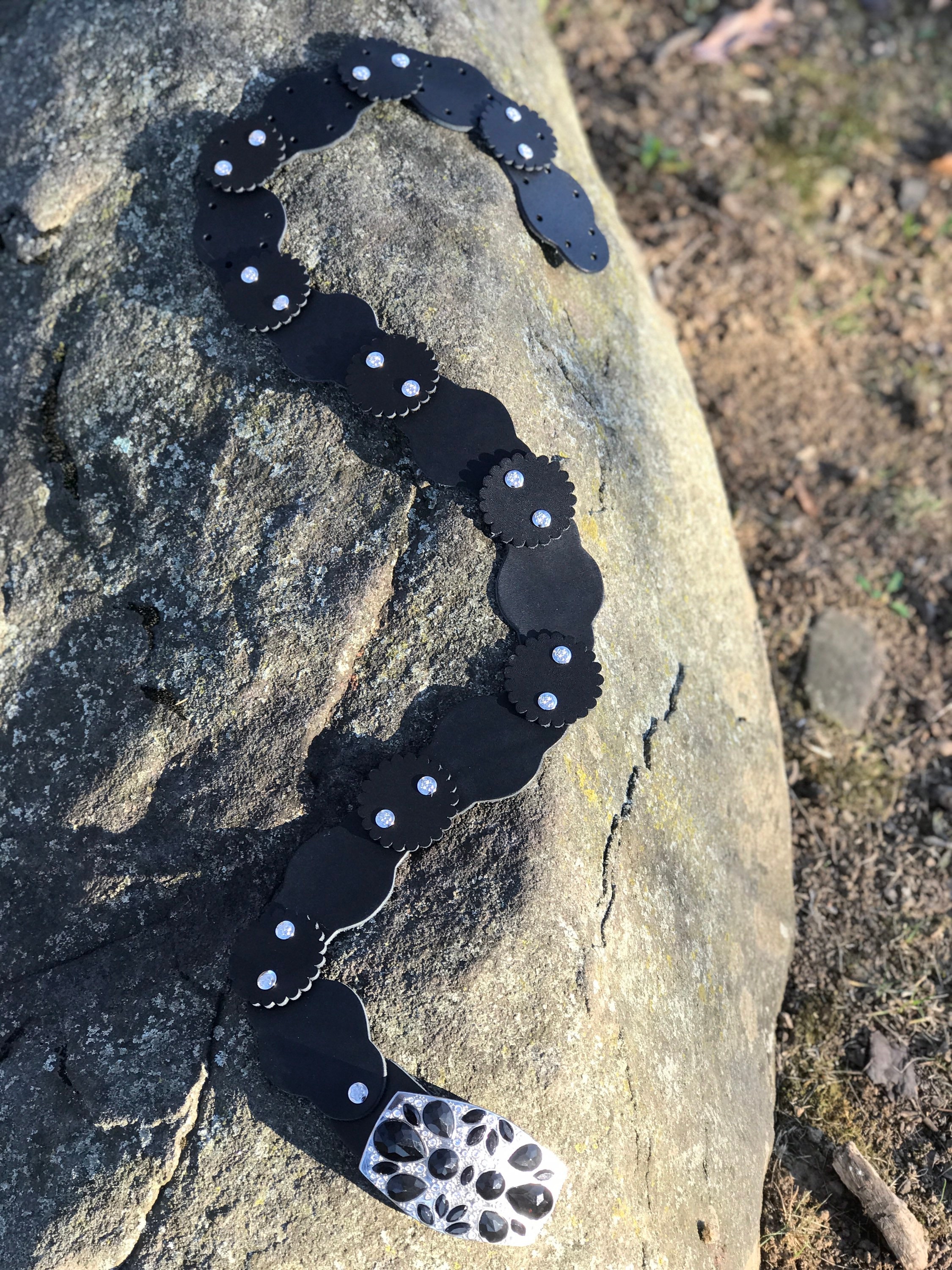 Custom Black Leather Belt: Silver Crystal Buckle, up to 42 
