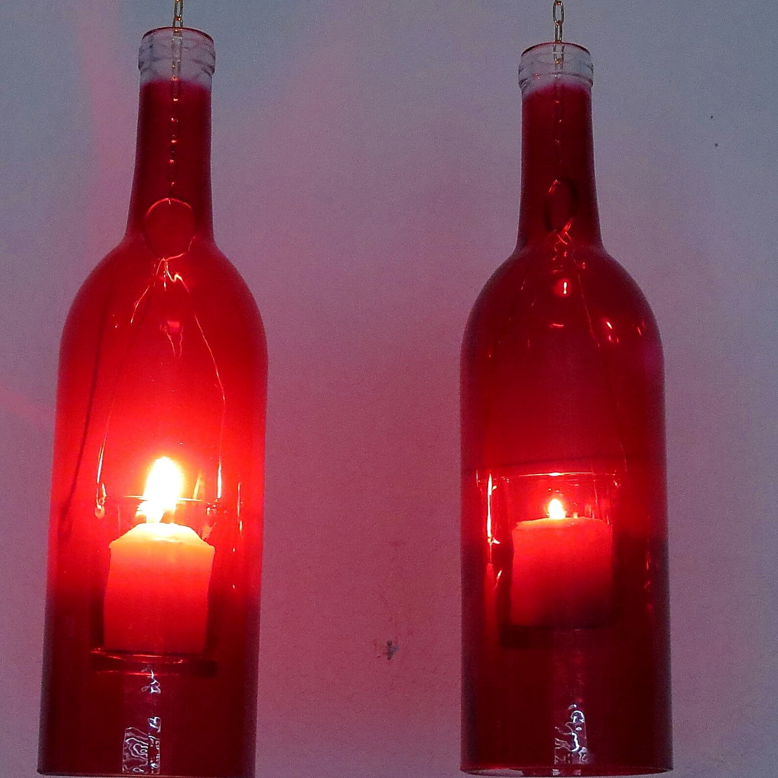 Two Upcycled Wine bottle hurricane candle holder outdoor Etsy