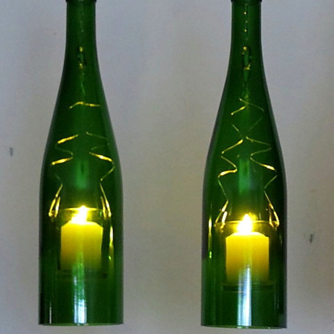 Two Upcycled Wine Bottle Hurricane Candle Holder, Outdoor Lighting