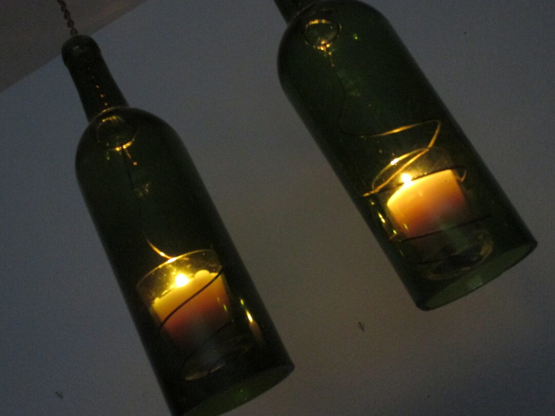 Two Upcycled Wine Bottle Hurricane Candle Holder Outdoor Etsy