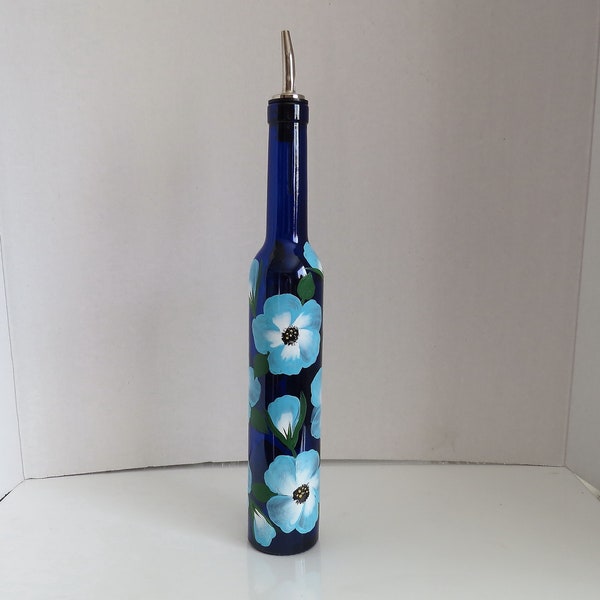 Tall slender Recycled bottle Oil dispenser, Olive oil, blue glass, Hand painted, blue flowers, Kitchen decor