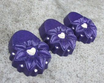 Purple Flower concrete planter feet with Ivory heart, patio decor, Yard art