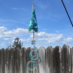 Recycled Wine Bottle Wind Chime: Hand-Painted teal Flowers