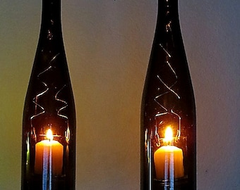 Hurricane Lamp Candle Holder - Pair of Hurricane Lamps Handmade from Recycled Wine Bottle Lighted – Make Great Tree Lights or Outdoor Lamps