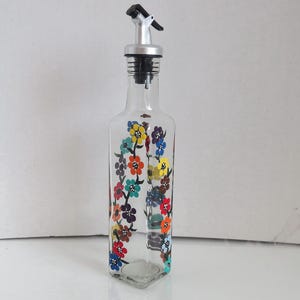 Recycled bottle Oil dispenser, Olive oil, clear glass, Hand painted, Kitchen decor