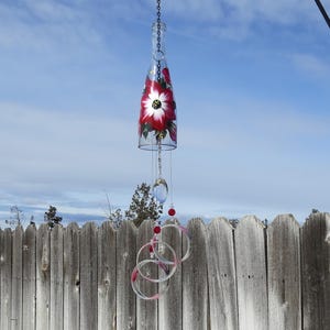 Recycled Wine Bottle Wind Chime: Hand-Painted Red Flowers, Green Leaves, Crystal Prism