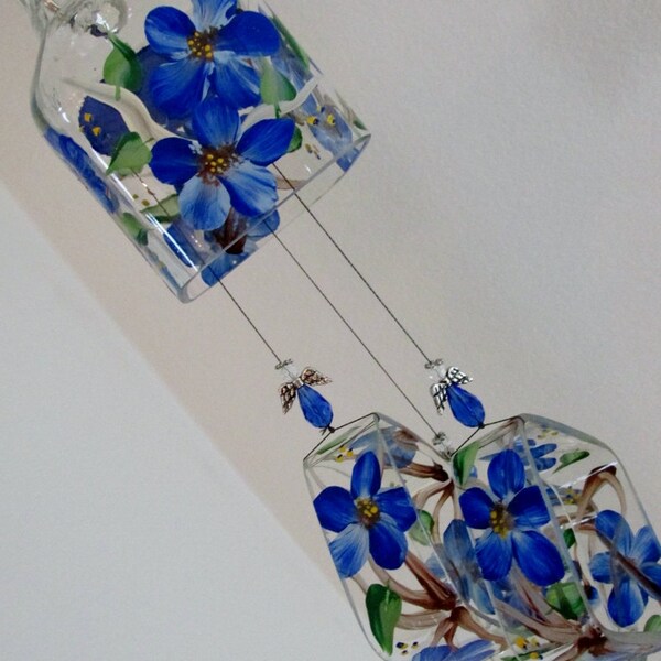 Recycled Evan Williams bottle wind chime, Blue flowers, Yard art, Glass bottle wind chime, Square glass