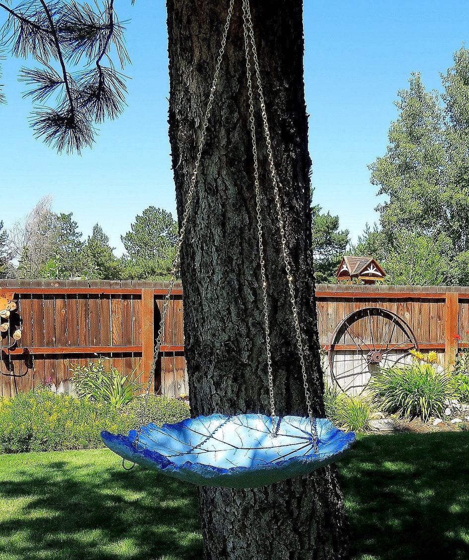 Blue With Dark Blue Hanging Leaf Bird Bath Feeder One Of A Kind