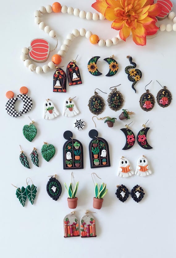 Plant lover Halloween bookish  ghost polymer clay earrings