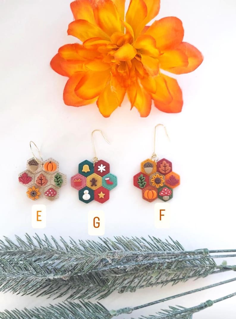 Handmade Polymer Clay Fall Earrings: Cottagecore Quilt, Pumpkin Pie, Sunflower G. christmas