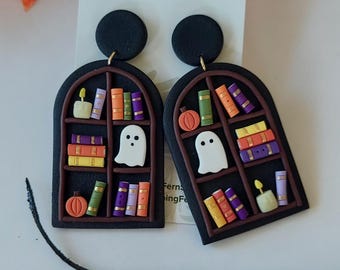 Handmade Polymer Clay Ghost Library Earrings, Spooky Halloween