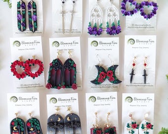 Fantasy Polymer Clay Earrings: Dragon, Sword, Gothic Rose