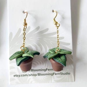 May include: A pair of dangle earrings featuring miniature potted plants made of polymer clay. Each earring has a brown clay pot with green leaves, suspended from a gold-toned metal chain and hook. The display card reads Blooming Fern Studio.
