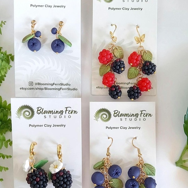 Handmade Polymer Clay Berry Earrings: Strawberry, Blackberry, Raspberry, Blueberry Summer Jewelry