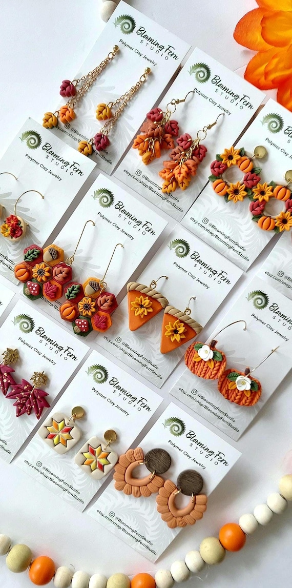Handmade Polymer Clay Fall Earrings: Cottagecore Quilt, Pumpkin Pie, Sunflower