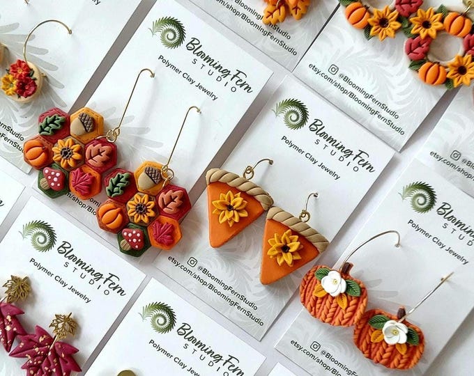 Handmade Polymer Clay Fall Earrings: Cottagecore Quilt, Pumpkin Pie, Sunflower