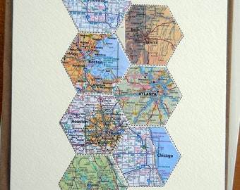 Personalized Map Art - Anniversary Gift, 7 Hexagon Locations