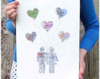 Personalized Map Anniversary Gift, Couple Map Art Print