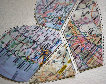 Map Heart Anniversary Gift, Personalized Paper Anniversary Wall Art
