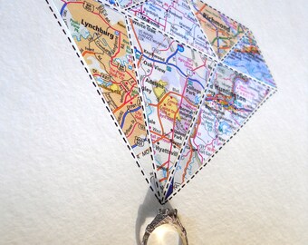 Handmade Diamond Map Art Print, Anniversary Engagement Gift (8x10)