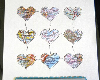 Anniversary Gift for Wife, Personalized Map Art with 9 Hearts