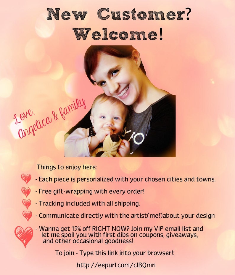 Puede incluir: Imagen promocional con el texto "&iquest;Nuevo cliente? &iexcl;Bienvenido!" y las palabras "Love, Angelica & family". Presenta a una mujer y un beb&eacute;. La imagen tambi&eacute;n enumera beneficios como la personalizaci&oacute;n y el envoltorio de regalo.