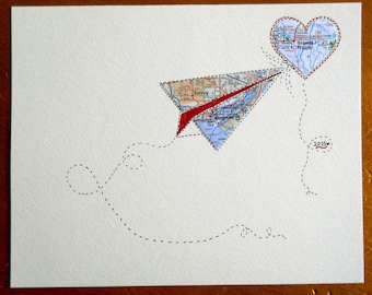 Personalized Map Paper Airplane Print – Long Distance Anniversary Gift