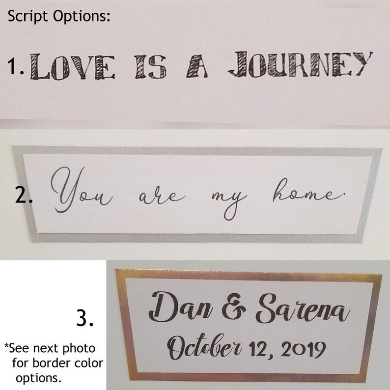 Puede incluir: Imagen que muestra tres opciones de guion. La primera dice "LOVE IS A JOURNEY". La segunda dice "You are my home." La tercera dice "Dan & Sarena October 12, 2019".
