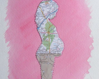 Personalized Map Art – Expecting Mother Silhouette, Watercolor Nursery Decor