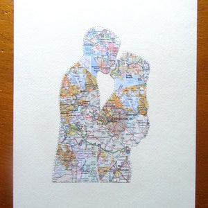 Anniversary Gift Map, Gift for Her Map, Couple Map Art, Unique Paper Map Gift , Personalized Couple Silhouette