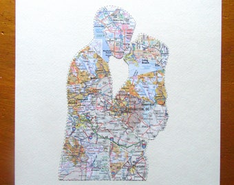 Personalized Couple Silhouette Map Art, Anniversary Gift, 11x14