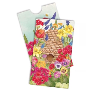 May include: Two floral-themed greeting cards with a light blue background. One card features a beehive surrounded by colorful flowers and bees. The other card has a light blue background with a few flowers and bees.