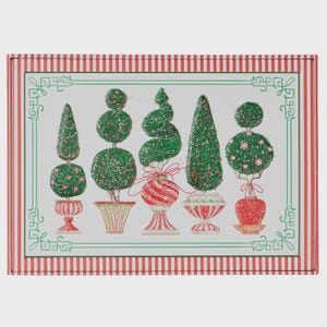 May include: A rectangular box with a decorative illustration of six green topiary trees with red accents and glitter. The trees are in decorative pots and have a red and white striped border with green trim.