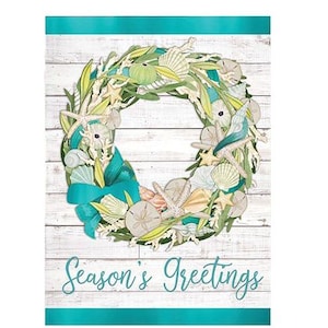 May include: A decorative wreath featuring seashells, starfish, and sea urchins in shades of white, beige, and green, accented with a teal ribbon. The wreath is set against a white wooden plank background, with the words "Season's Greetings" in teal script.