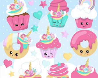 Unicorn cupcake clipart commercial use, clipart, vector graphics, digital clip art, donut, unicorns  - CL1172