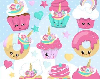 Unicorn cupcake clipart commercial use, clipart, vector graphics, digital clip art, donut, unicorns  - CL1172