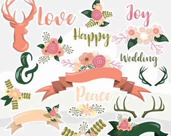 wedding floral deer clipart commercial use, clipart, vector graphics, digital clip art, flowers, deer - CL1139