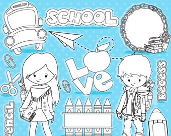 Back to school digital stamp commercial use, vector graphics, bus digital stamp, classroom digital images - DS1095