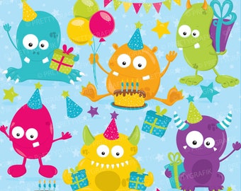 Birthday monsters, clipart commercial use, monster clipart vector graphics, digital clip art, digital images - CL760