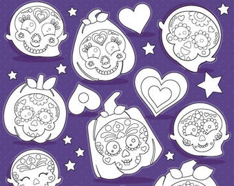 Sugar skulls digital stamp commercial use, black lines, vector graphics, digital stamp, digital images - DS1104