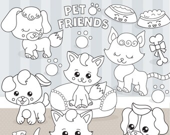 Pet friends digital stamp commercial use, black lines, vector graphics, digital stamp, digital images - DS1130