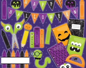 Halloween school supplies clipart, pumpkins, commercial use, Halloween vector graphics, digital clip art, halloween CL1189