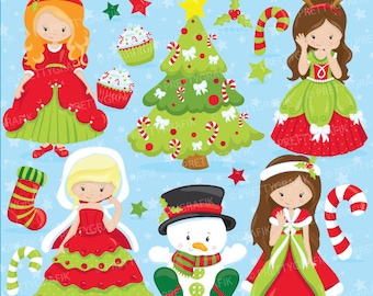 Christmas princesses clipart commercial use, christmas girls vector graphics, digital clip art, digital images  - CL750