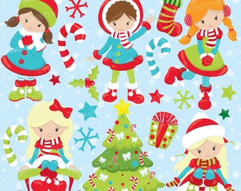 Christmas girls clipart commercial use, christmas kids, girls vector graphics, digital clip art, digital images  - CL759