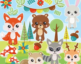 Woodland animals clipart commercial use, clipart, vector graphics, digital clip art, woodland, fox - CL1143