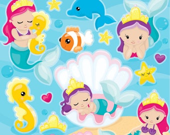 mermaid clipart commercial use, baby mermaid vector graphics, kawaii mermaid digital clip art, digital images - CL1090