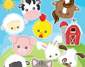 Farm animal faces clipart commercial use, barn clipart vector graphics, animal faces clip art, digital images  - CL1000