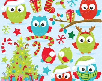 Christmas owls clipart commercial use, christmas birds, owl vector graphics, digital clip art, digital images  - CL758