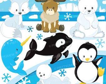 Arctic animal clipart commercial use, polar bear vector graphics, penguin digital clip art, digital images  - CL783