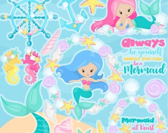 Mermaid clipart commercial use, clipart, vector graphics, digital clip art, mermaid, sea shells - CL1151